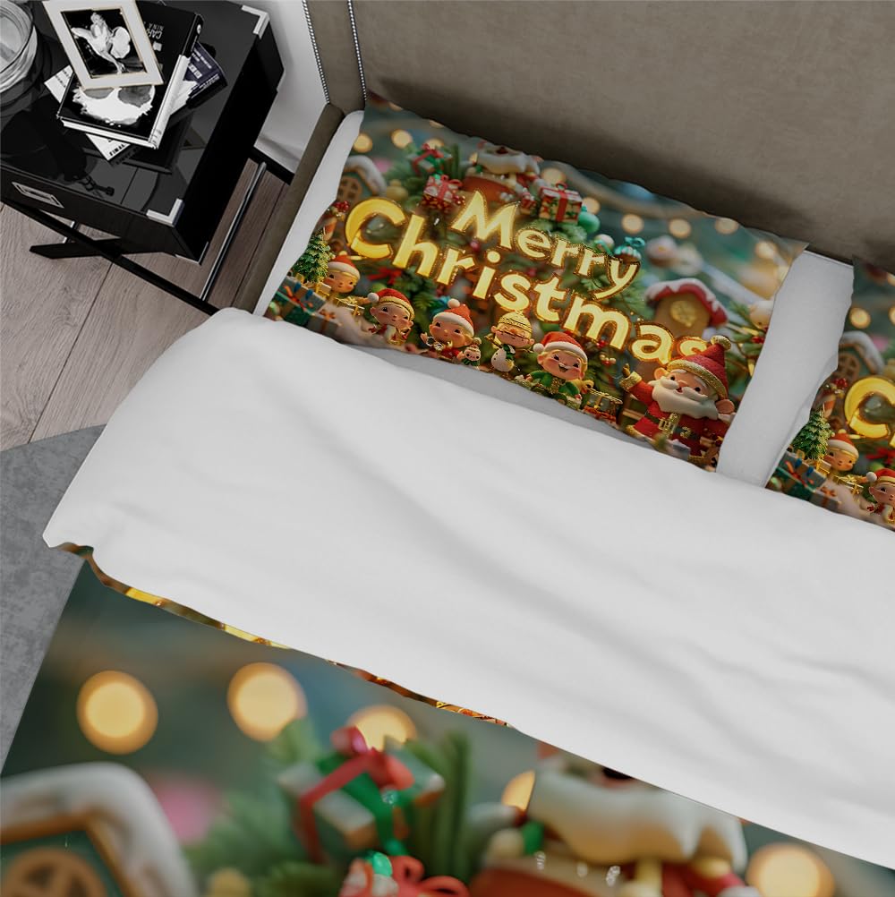 Juego Funda edredón Merry Christmas Santa Claus Dibujos Animados Juego Ropa Cama Decoración habitación niño niña Funda Colcha Ligera y Transpirable con 2 Fundas Almohada 160x200cm