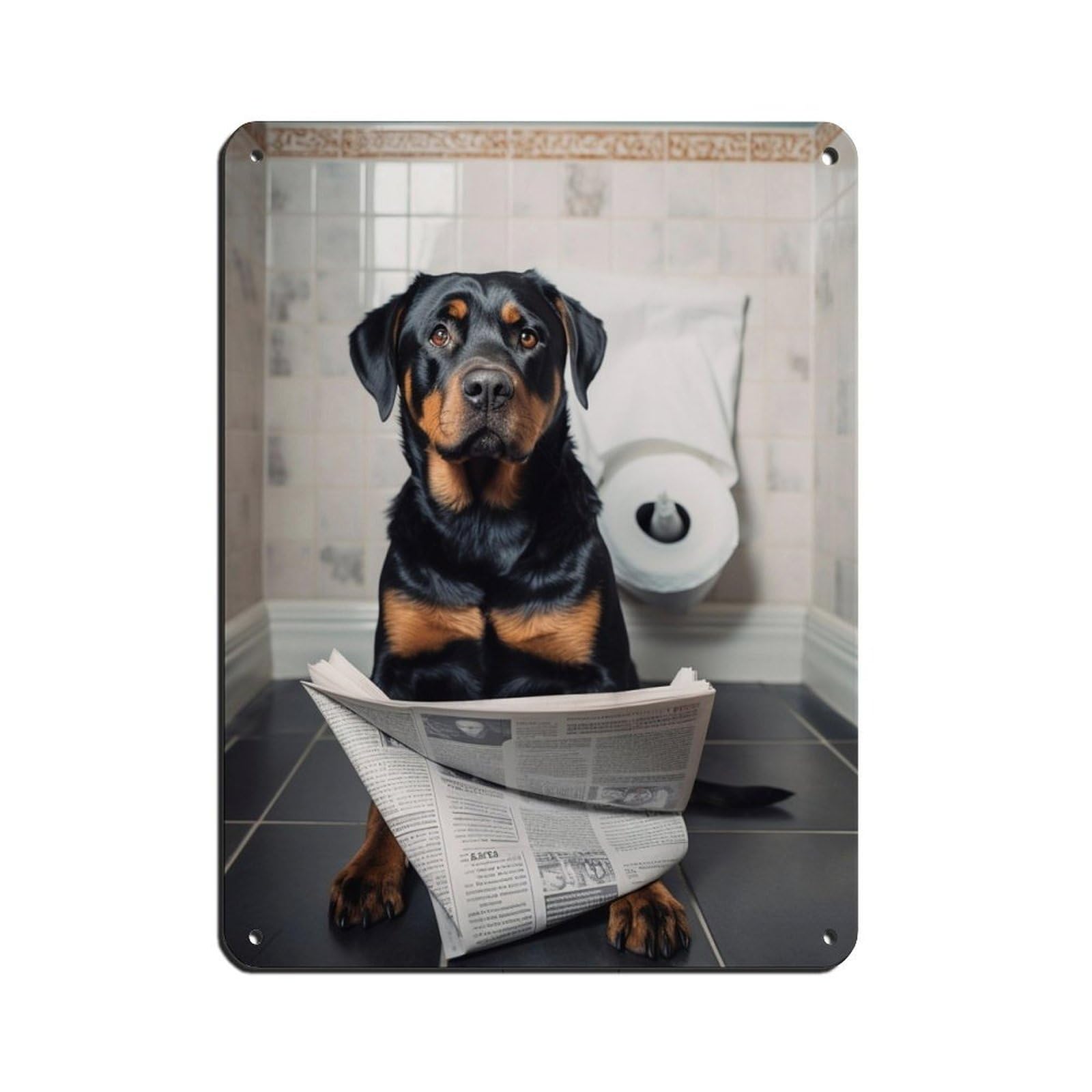 Rottweiler on Toilet Reading The Newspaper Tin Sign Vintage Metal Pub Club Cafe Bar Home Wall Art Decoration Poster Retro 12x16inch(30x40cm)