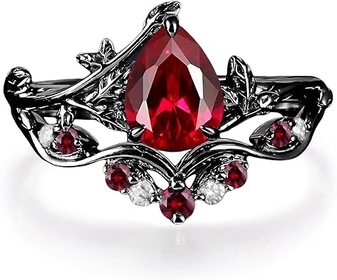 Created Ruby Rings Set for Women Red Ruby Art Deco Engagement Wedding Anniversary Band Ring Set 10K 14K 18K Gold Gemstone Unique Jewelry Gift Size 4-12