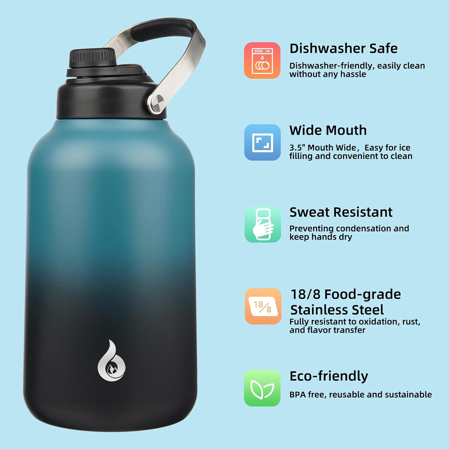 BJPKPK 1 Gallon Water Bottle Insulated, Dishwasher Safe 128oz Large Water Jug with Metal Handle & BPA Free Spout Lid, Stainless Steel Metal Jug for Gym, Sports & Hiking, Blue Black - Image 2