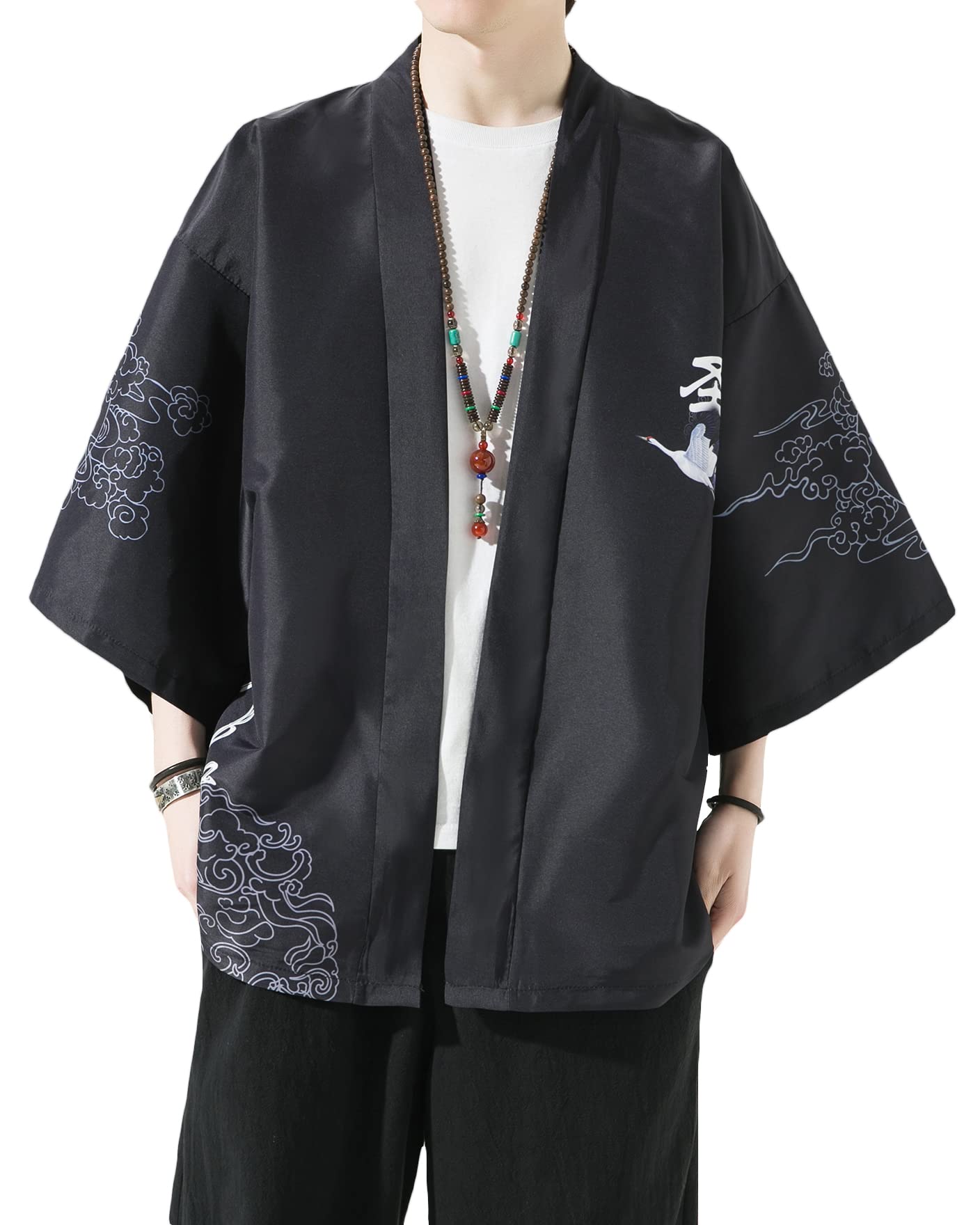 Men's Kimono Cardigan Jacket Japanese Style Flying Crane Seven Sleeves Open Front Coat