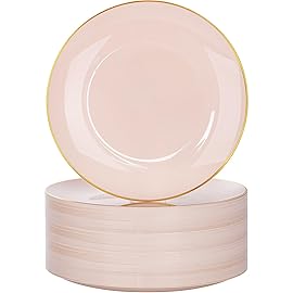 Nervure 100PCS Pink and Gold Plastic Plates - 10.25 inch Pink Disposable Plates with Gold Rim - Party Plate - Dinner Plate Ideal for Wedding & Party