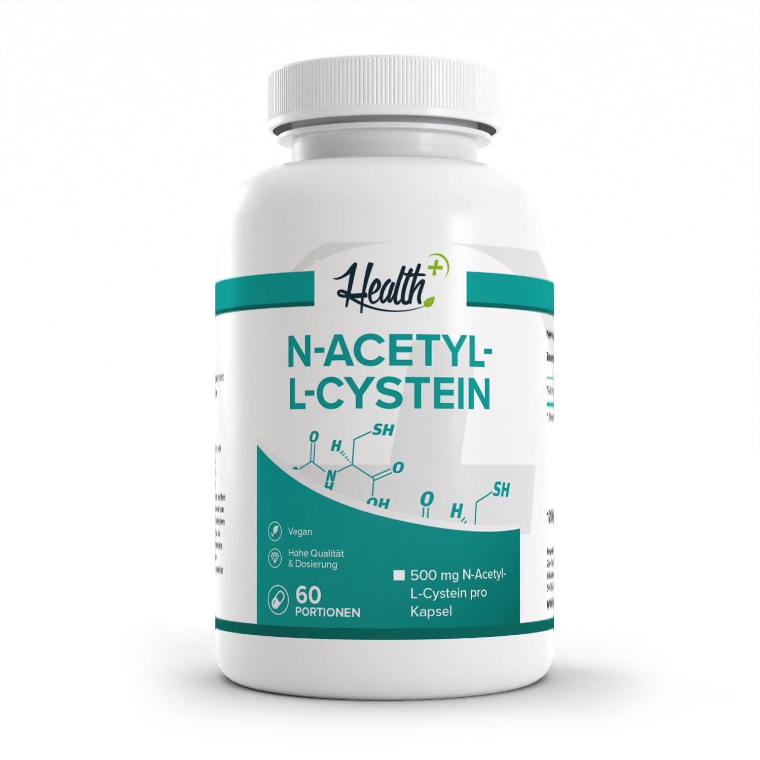 Health+ N-Acetyl-L-Cystein - 120 L-Aminosäure-Kapseln, enthält 500 mg reines Acetylcystein pro Kapsel, hochdosierte NAC Kapseln, Made in Germany