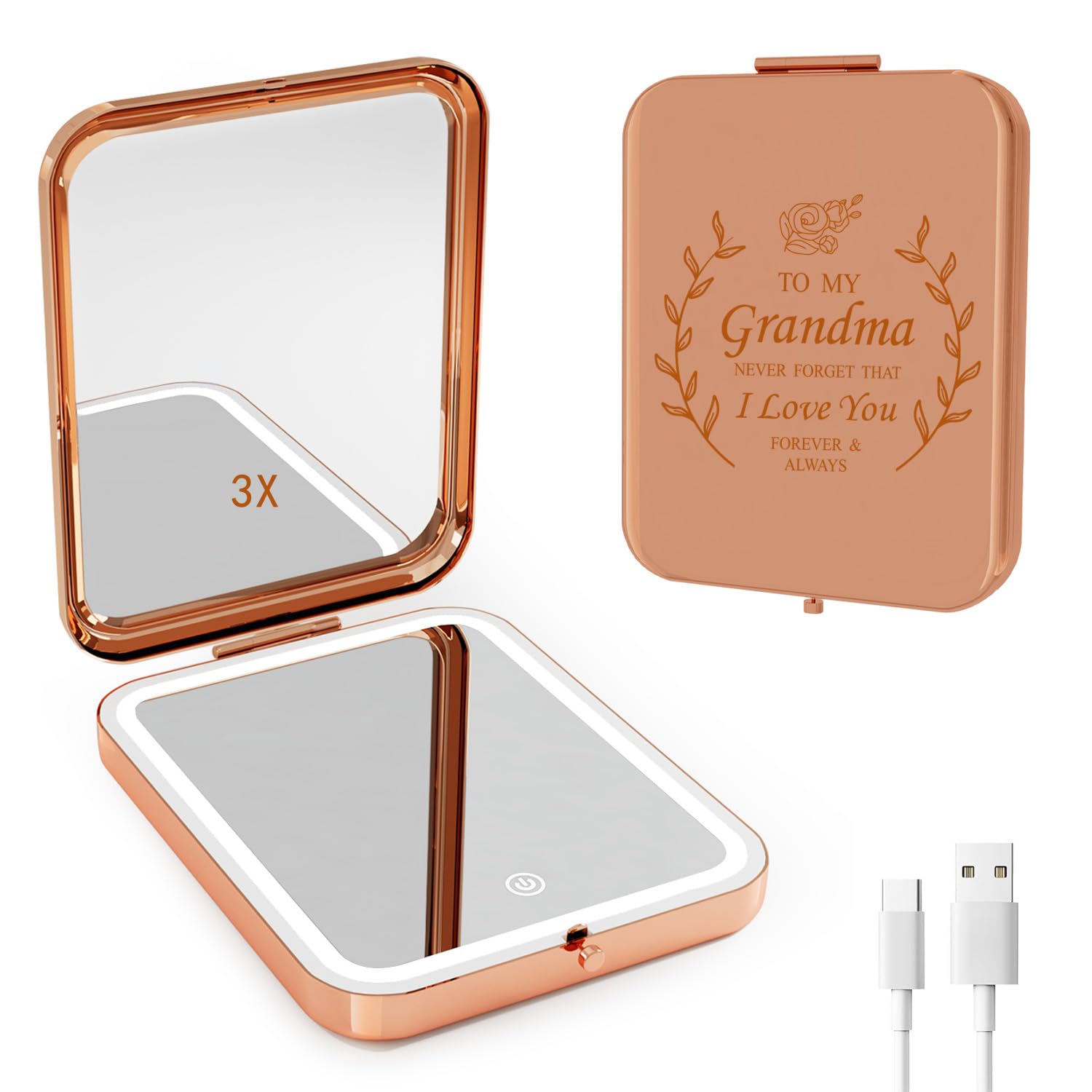 Cadeau grand-mère personnalisé : miroir de poche LED unique pour la Fête des Mères