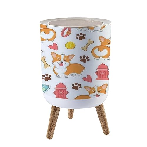 Cubo de basura bohemio con bonitos perros Corgi, arco iris, escandinavo, para niños, redondo, con patas de madera, canasta de basura a prueba de