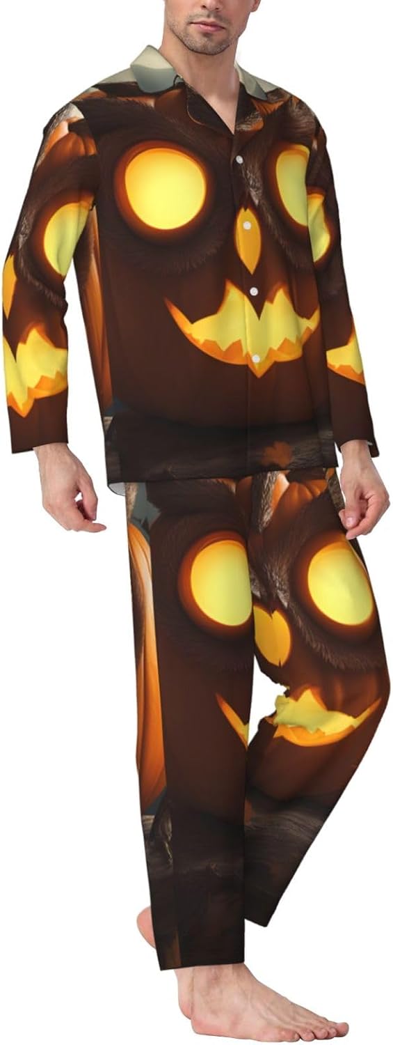 Owl Pumpkin Happy Halloween Print Luxurious Mens Pajamas Set,Breathable Pajamas Set,Perfect For Lounging Bed,Sofa