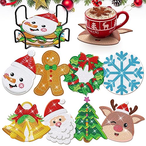 clothmile Lot de 8 dessous de verre de Noël avec support Père Noël, bonhomme de neige, flocon de neige pour débutants, adultes, enfants, fournitures d'artisanat diamant