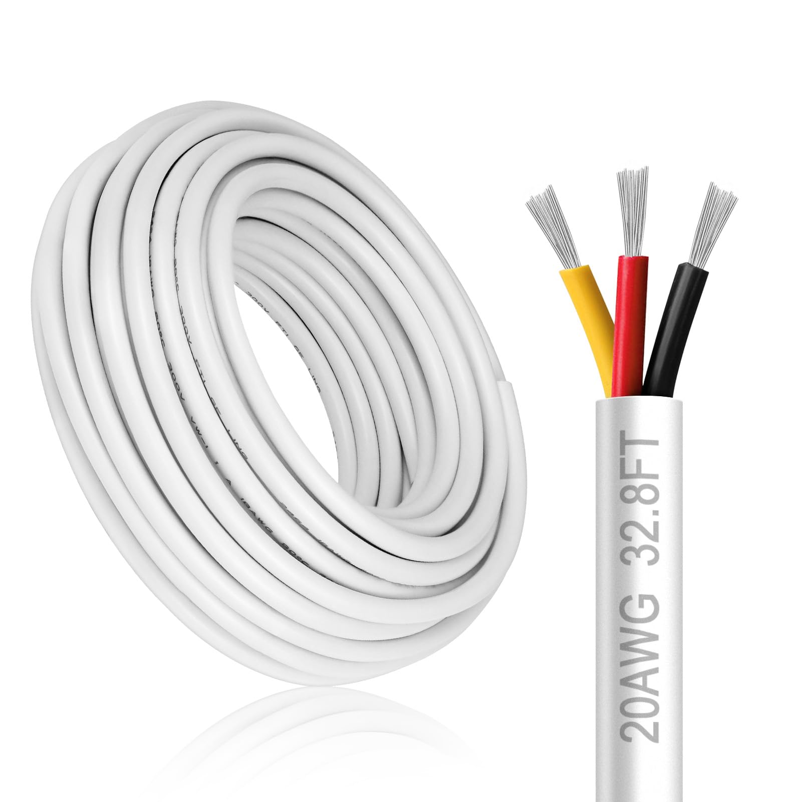 DEKIEVALE 20 Gauge 3 Conductor Electrical Wire, 32.8FT White Stranded Low Voltage 20/3 Cable PVC Case, 20 AWG Tinned Copper 3 Wire Cable, Flexible
