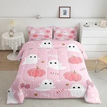 Cartoon Ghost Kids Comforter Set Twin Size,Bow Tie Pumpkin Candy Star Happy Halloween Bedding Set,Girls Women Room Decor,Cute Ghost Bowknot Down Comforter,Pink Romantic Duvet Insert,1 Pillowcase