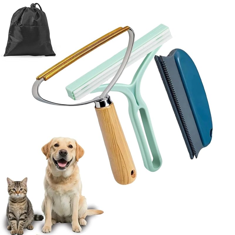 Qbily Pet Hair Remover 2nd Gen (3 Pack) - Reusable Lint Removal Tool for Couch, Carpets, Cat Trees, Car Mats, Furniture, Clothes, Pet Houses, Dog & Cat Hair Scraper Tool with Storage Bag Light Blue