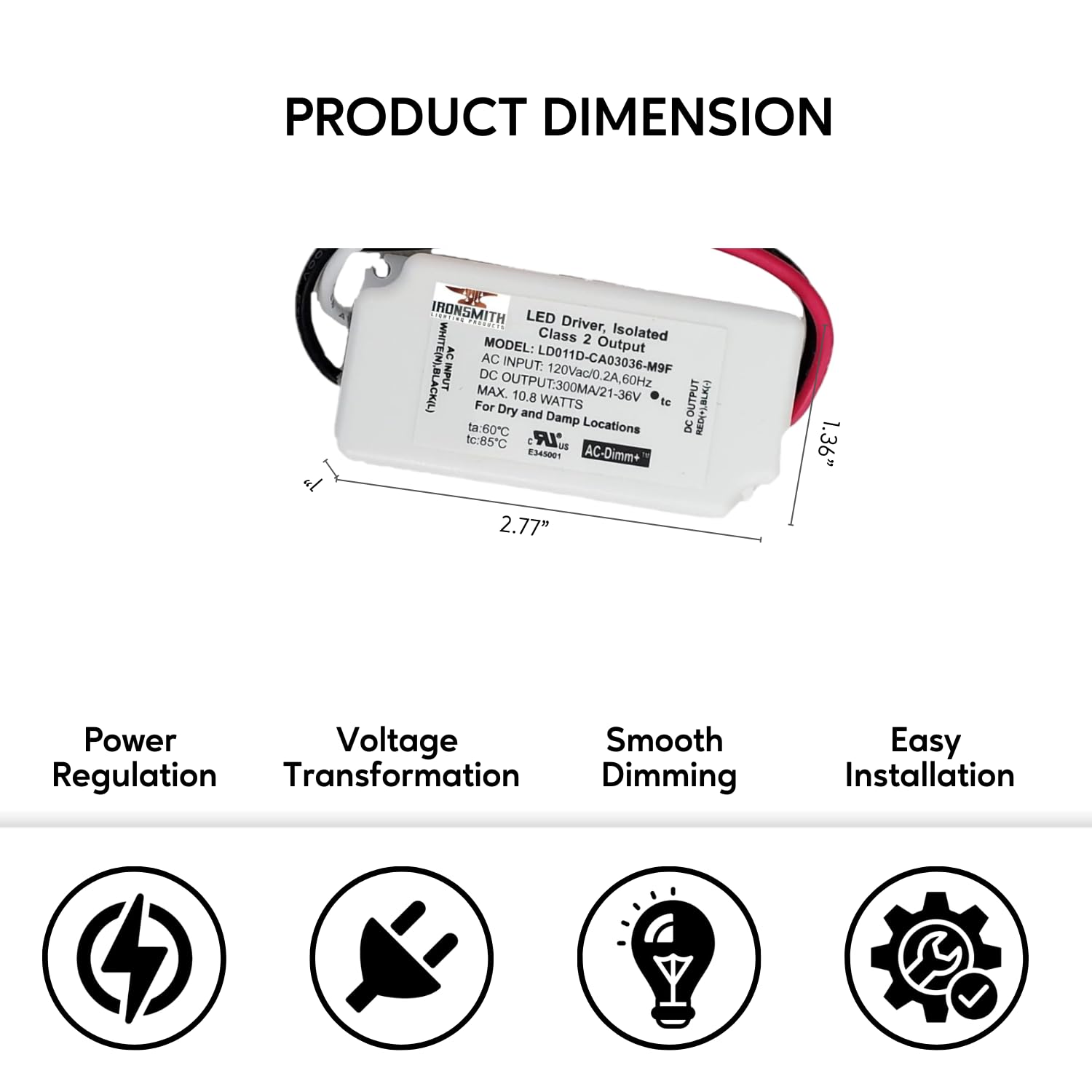 Ironsmith Lighting Products - Constant Current LED Driver Transformer (21-36 Volt | 10.8 Watt | Dimmable)