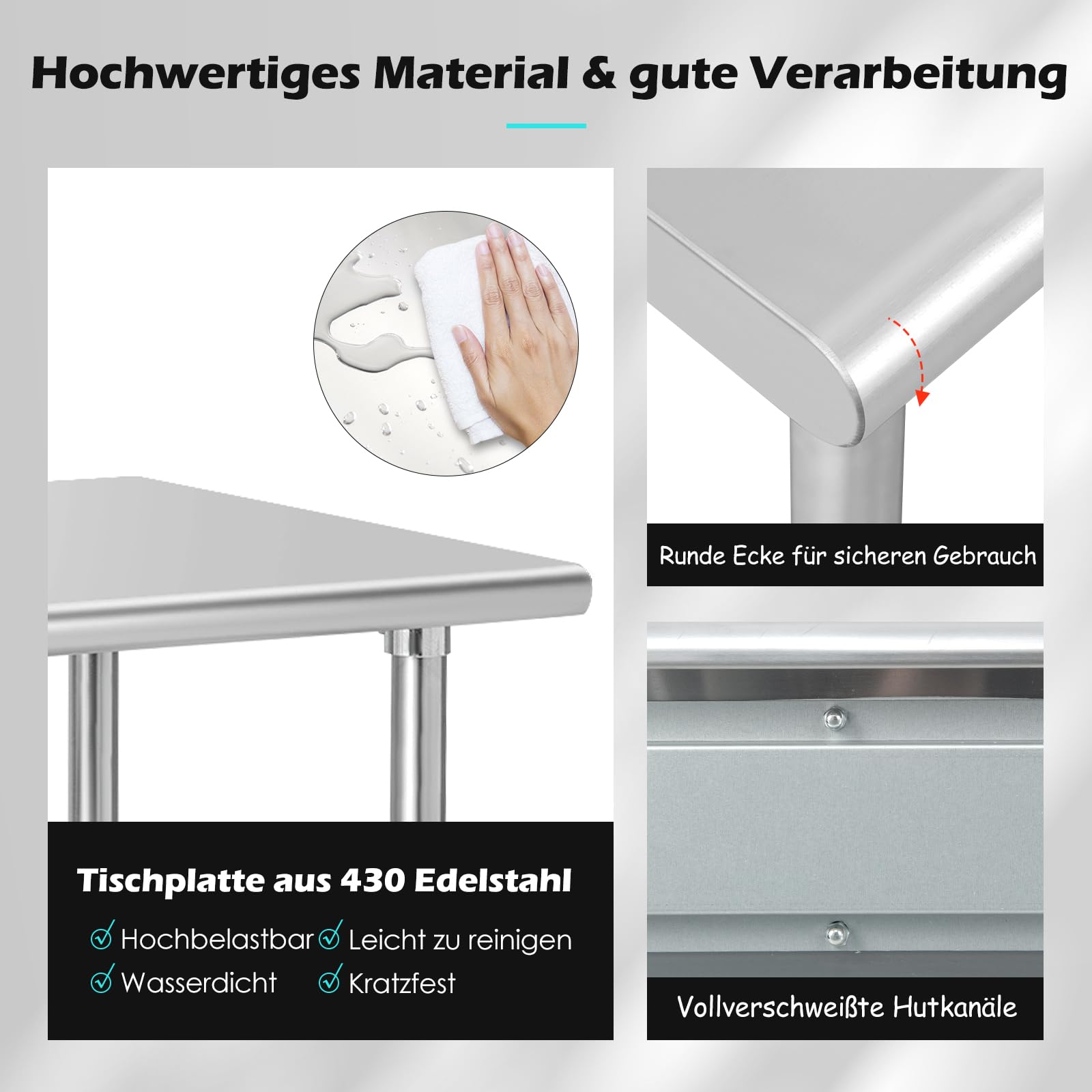 Produktbild von GOPLUS Arbeitstisch Aus Edelstahl – 150 Kg Tragkraft, Höhenverstellbare Ablage, 4 Rollen, 2 Mit Bremse