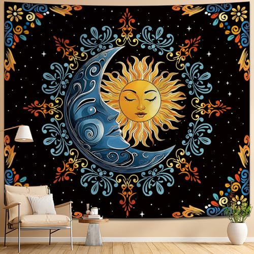 Tichgeim Sun and Moon Tapestry Wall Hanging, Boho Hippie Vintage Celestial Starry Sky Tapestries, Flower and Stars Wall Decor for Bedroom Living Room and Dorm 51in × 60in