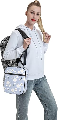 Vista 5 de SUPLUCHOM Lonchera para Niña con Diseño de Margaritas y Flores Moradas de Primavera Bolsa Aislante Reutilizable con Bolsillo Lateral para Trabajo