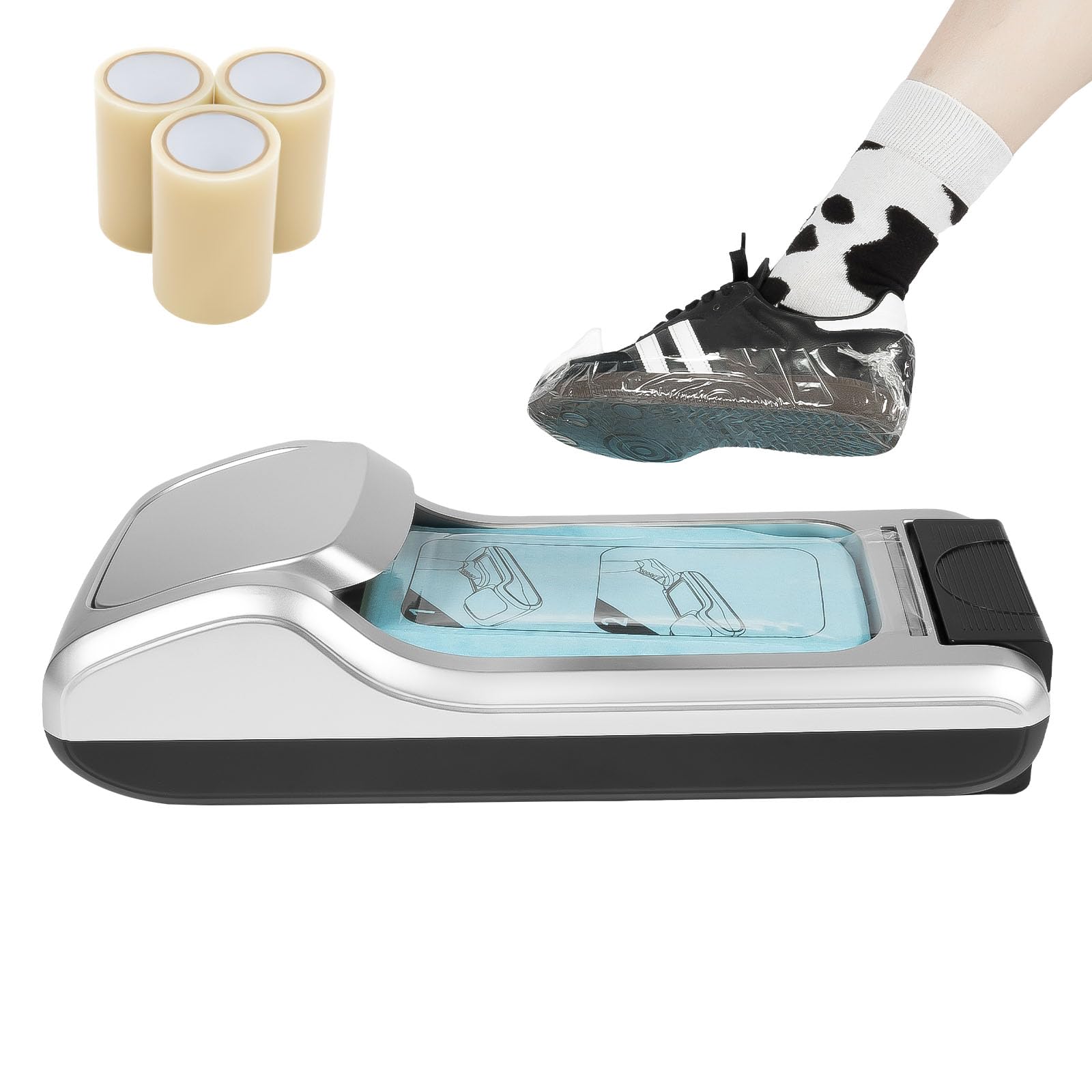 JAYGOVAN Automatic Shoe Film Machine with 400Pcs Shoe Cover Portable Shoe Covers Dispenser with 3 Roll Shoe Film Keep Floor Clean Disposable Overshoes Dispenser Machine for Home Shop Office