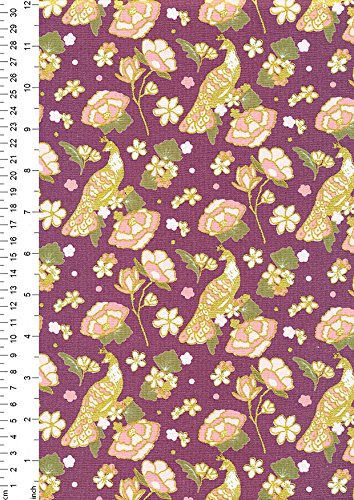 Or 1 metre | Bordeaux | 100% coton Floral Oriental Doré métallique Paon Imprimé Doré Tissu * * Post UK gratuit * * japonais pour patchwork couture...