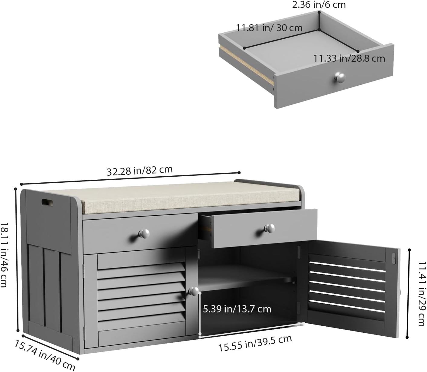 2-tier storage bench, shoe bench with padded seat cushion, entryway bench with 2 drawers & adjustable shelves, grey grey 32.3"w
