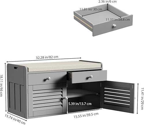Miniatura 9 de Banco de almacenamiento de 2 niveles, banco de zapatos con cojín de asiento acolchado, banco de entrada con 2 cajones y estantes ajustables, color