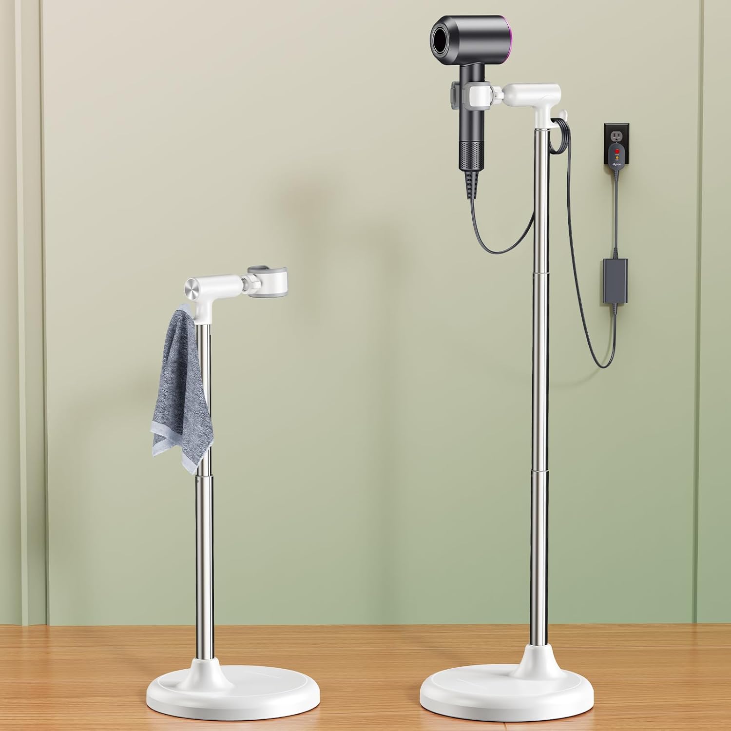 Hands Free Adjustable Hair Dryer Stand, 17-51in Height & 360° Swivel, for Countertop and Floor Use, Heavy-Duty Blow Dryer Holder with Hook, Fits Most Hair Dryers for Home, Vanity, Bathroom