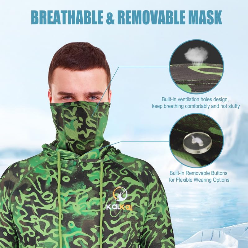 Kalkal UPF 50+ Sun Protection Hooded Fishing Shirts for Men Long Sleeve Hoodies with Face Mask Rash Guards Quick Dry4