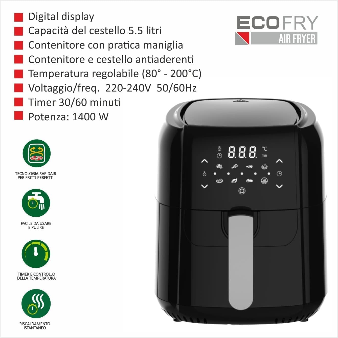 APP LIFE Friggitrice ad Aria Calda Senza Olio - 5,5 Litri - ECOFRY 1400W con Griglia Timer e ricettario - Friggitrice Senza Olio - Friggitrice ad Aria Calda da 80° a 200° C APP LIFE Friggitrice ad Aria Calda Senza Olio - 5,5 Litri - ECOFRY 1400W con Griglia Timer e ricettario - Friggitrice Senza Olio - Friggitrice ad Aria Calda da 80° a 200° C