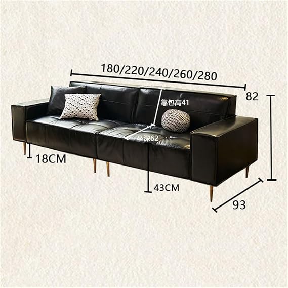 American Vintage Leather Sofa Small Living Room Classic Black Oil Wax Tofu Block Sofa(280 * 93 * 82CM)