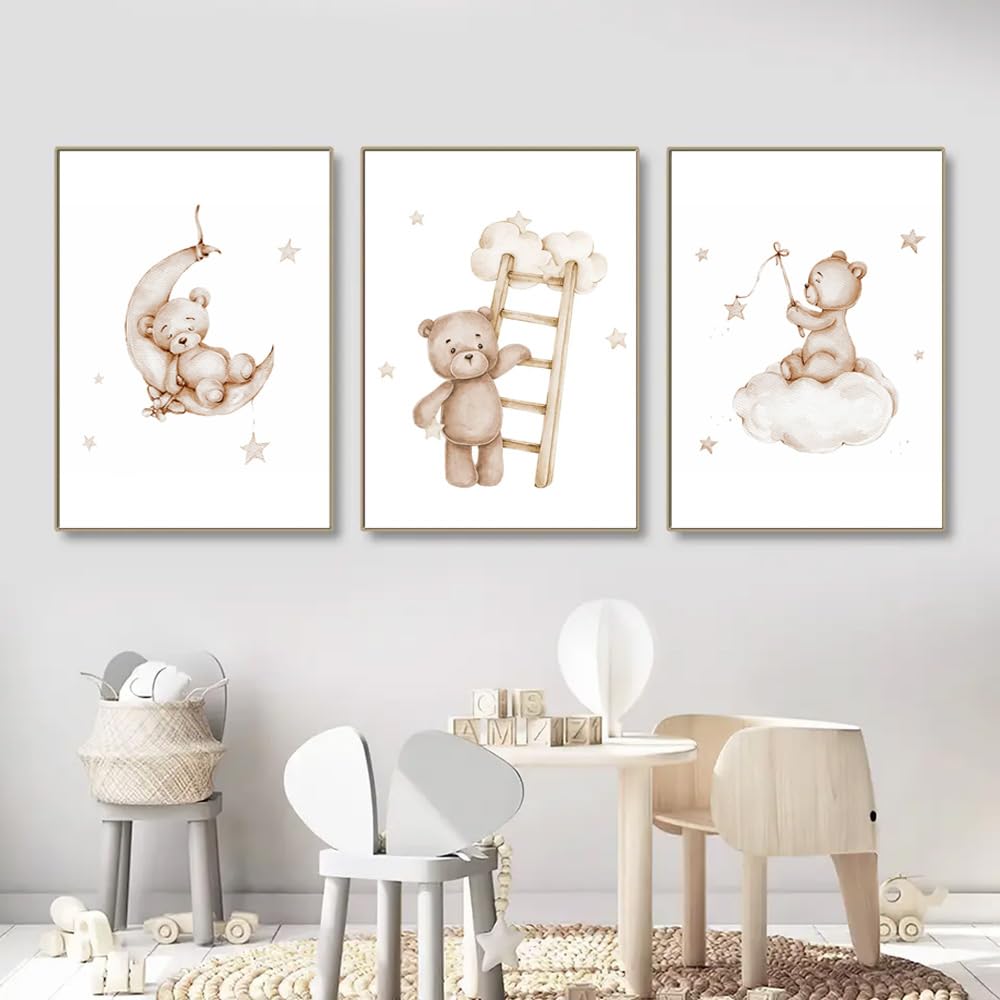 3 Laminas Oso 30X40CM Cuadros Habitacion Infantil Niño Poster Beige Lienzo Animales Bebe Laminas Decorativas Pared Infantil Cuadros Bebé Habitacion Niño Animaux Lienzo Beige Bebe Oso sin Marco