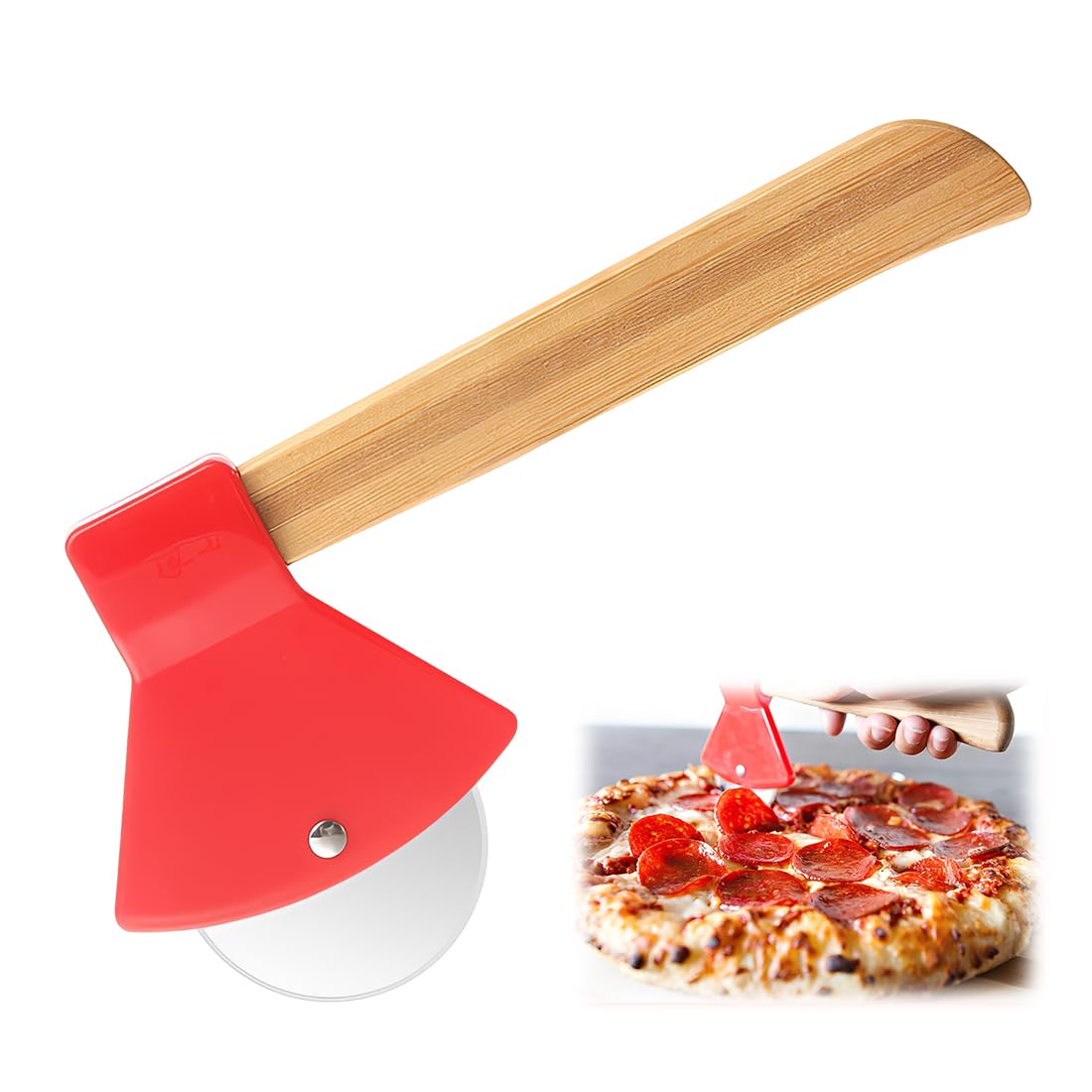 1 Piece Pizza Cutter Pizza Wheel Pizza Knife With Non-Slip Handle Axe Shape Bamboo Handle Stainless Steel For Pizza Cake Waffles Dough 20X10Cm Red