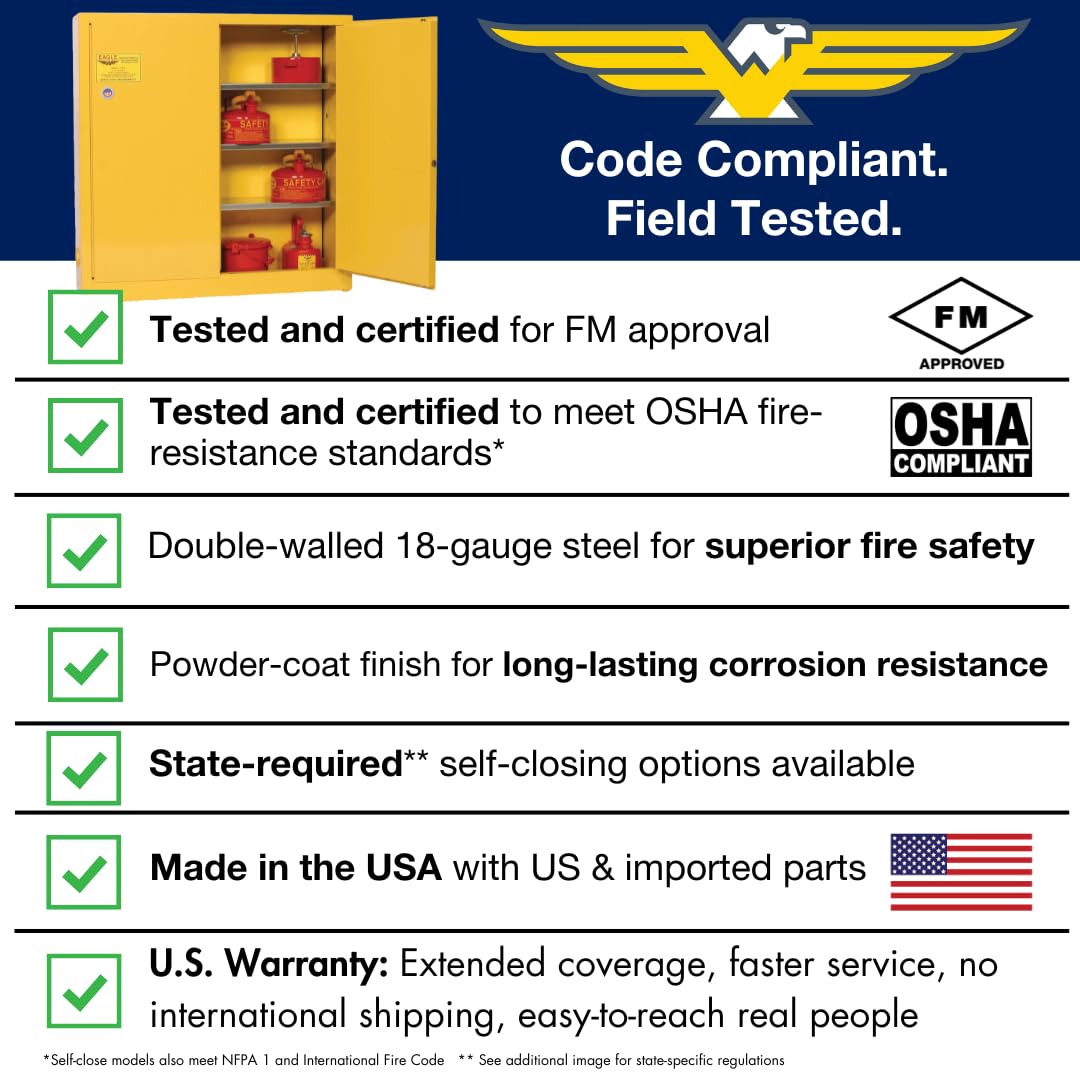 Eagle American Made 22 Gallon F﻿lammable Liquid Storage Cabinet, Manual-Close Under Counter Fireproof Cabinet for Schools, Garages, Manufacturing Facilities, 35" x 22" x 35", 1971X