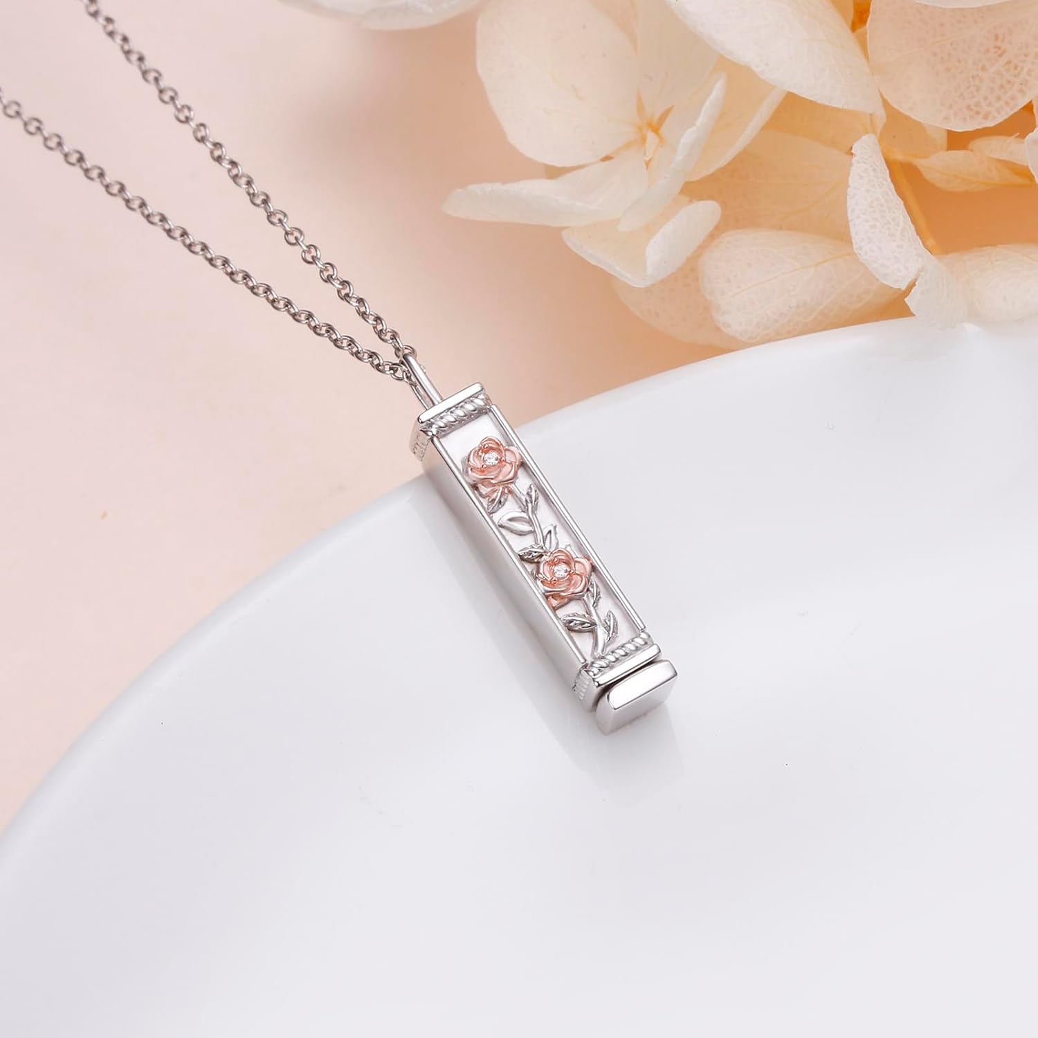 FLYOW I Love You Necklace Sterling Silver Rose Vertical Bar Necklace Engraved Hidden Message Two Tone Flowers Secret Square Tubes Pendant Jewelry Romantic Birthday Gifts for Women