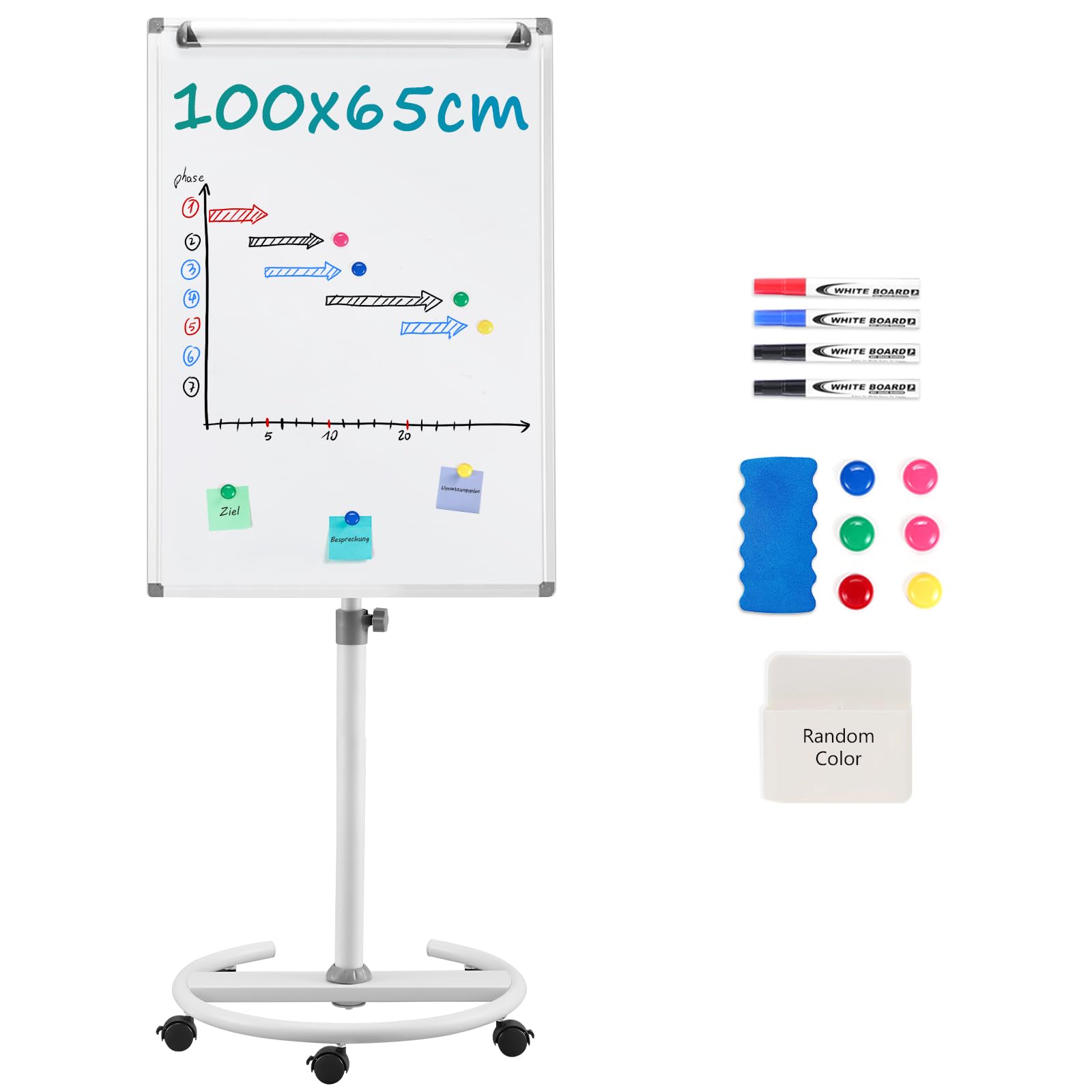 MAKELLO Flipchart 100x65cm Whiteboard mit Ständer Magnetisch Flip Chart für Büro, Höhenverstellbar bis 190cm, Größerer Rundfuß, Stabilere