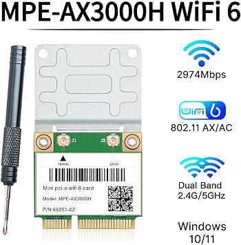 WiFi 6 Card MPE-AX3000H Dual-Band 2.4GHz & 5GHz BT 5.2 160MHz Channel Half Mini PCIe Up to 574Mbps (2.4GHz) + 2.4Gbps (5GHz) Compatible with Windows 10/11 64-bit Low Latency for Gaming/Streaming