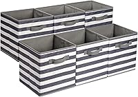 Amazon Basics Collapsible Cube Storage Bins with Handles - Pack of 6, 10.5x10.5x11 Inch Fabric Organizers, White/Light Grey Stripe