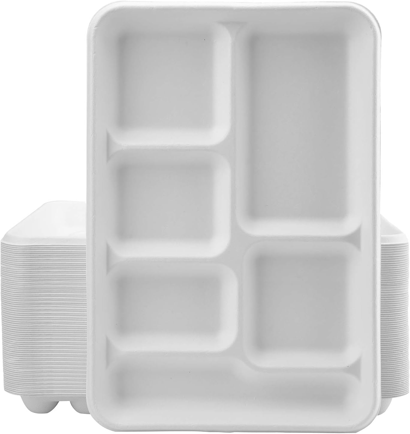 Bekith 60 Pack 6-Compartment Disposable Paper Plate, 100% Compostable Bagasse School Lunch Tray, Heavy-Duty Sectional Plates Eco-Friendly Made of Sugar Cane Fibers