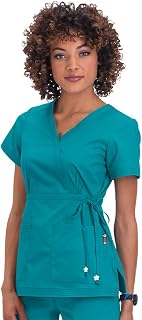 Women's Katelyn Easy-Fit Mock-Wrap Scrub Top with Adjustable Side Tie, Turquoise, X-Large