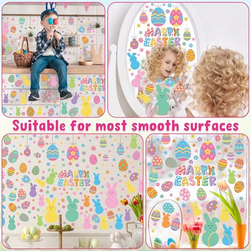 Image of 9 Sheets Easter Window Clings, 152PCS Double Sided Easter Party Clings for Glass Windows with Bunny Egg Flower, Reusable Happy Eggs Bunny Window Decals Stickers for Home Office Decorations
