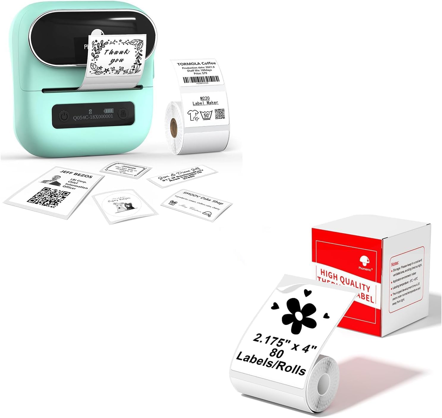 Phomemo M220 Label Maker Green & 1 Roll White Thermal Label 2.175"x4"(54x101mm), Upgrade 3 Inch Barcode Portable Printer, for Office & Small Business, Compatible with Phones&PC