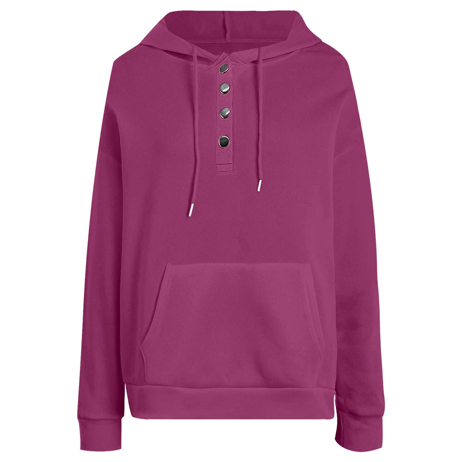 Felpa con Cappuccio da Donna, Tinta Unita, con Scollo a V, Bottoni, Coulisse e Tasche Anteriori, alla Moda Autunno e Inverno Felpe Sportive Offerta