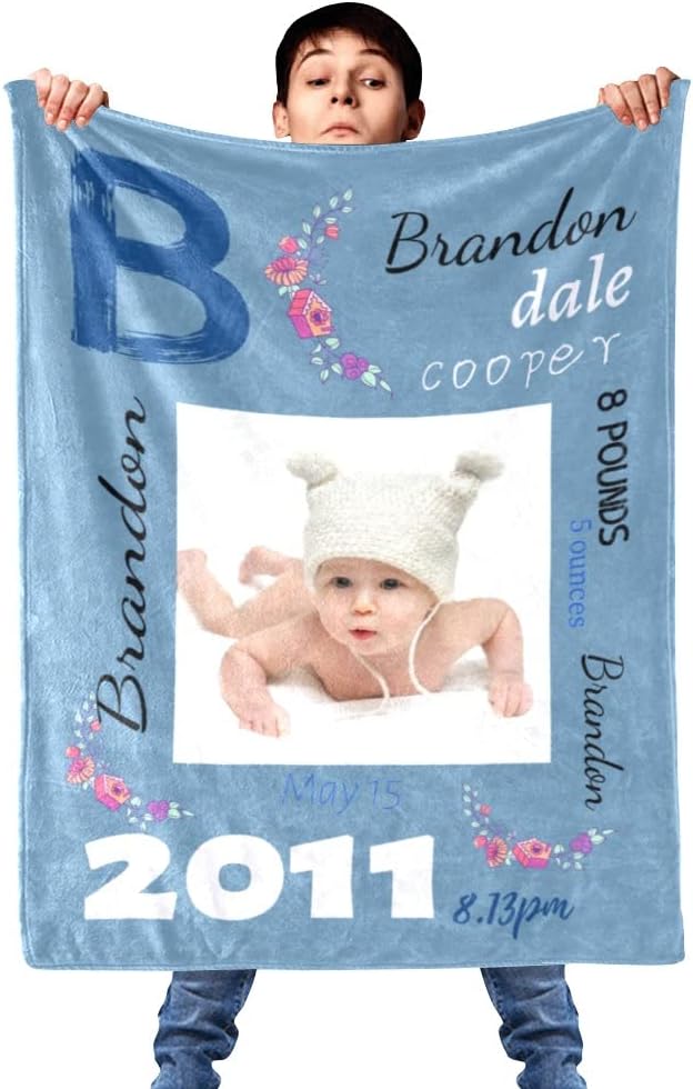 Personalized Baby Blanket with Birth Information for Girls and Boys Customized Photo Blanket Customized Newborns Picture Gift for New Born Baby New Dad Mom