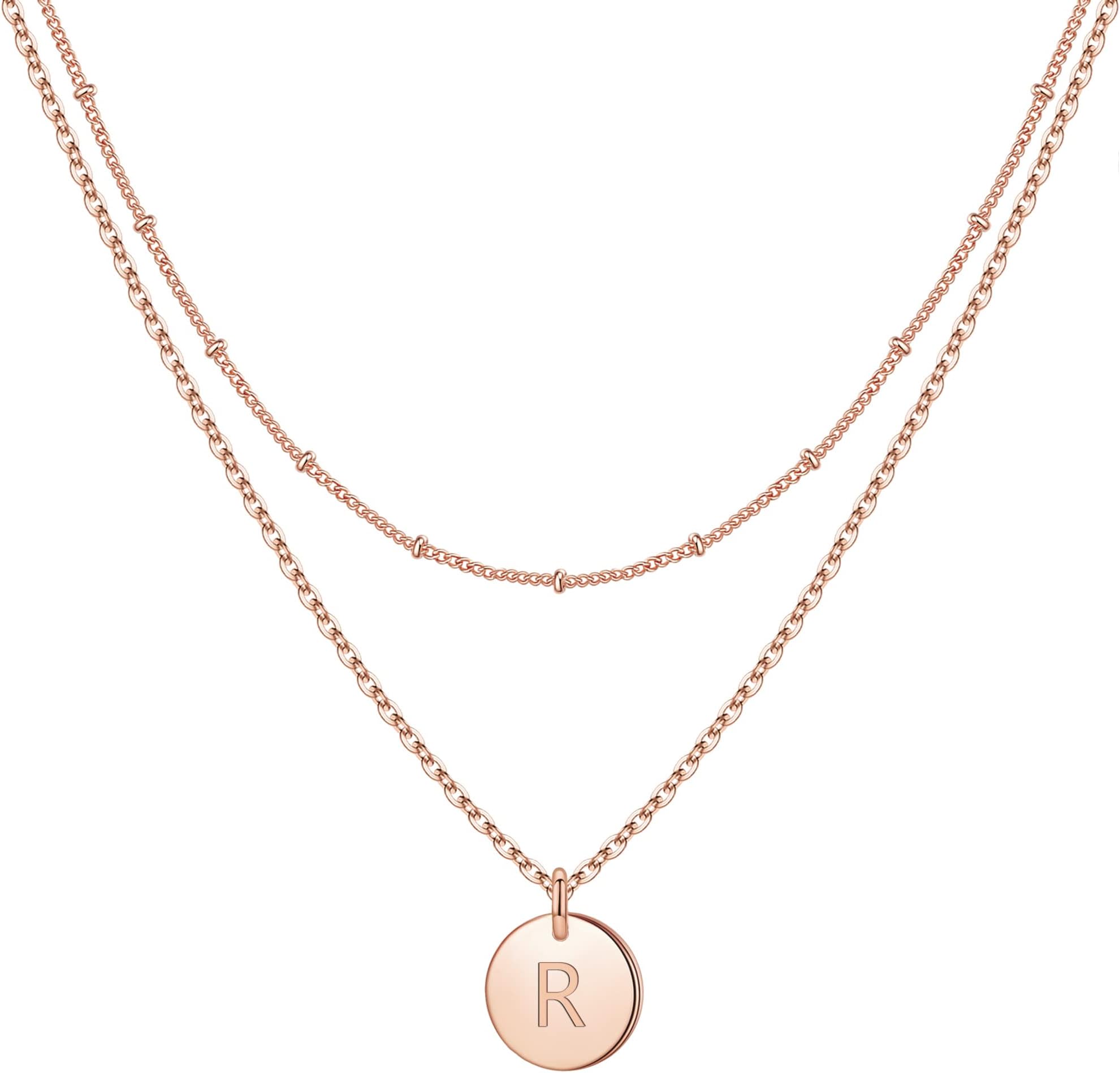 IEFWELLInitial Necklaces for Women Girls - Gold Silver Rose Gold Double Side Engraved Hammered Coin Necklaces, Layered Necklace Jewelry Pendant for Teen Girls