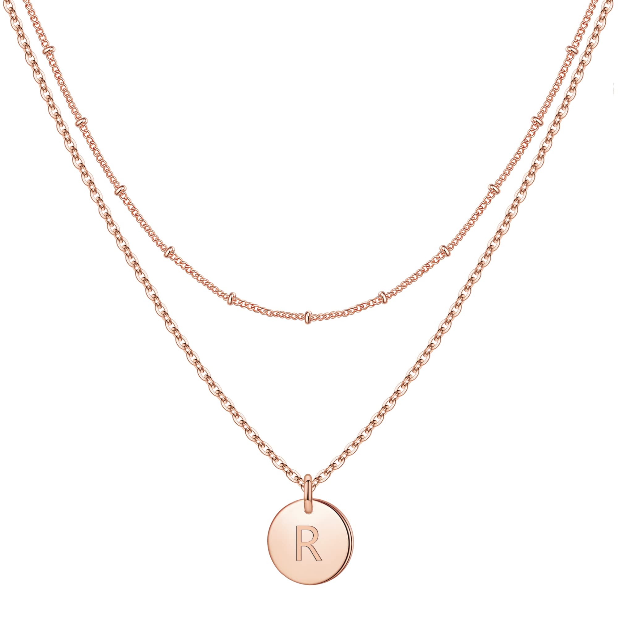 IEFWELLInitial Necklaces for Women Girls - Gold Silver Rose Gold Double Side Engraved Hammered Coin Necklaces, Layered Necklace Jewelry Pendant for Teen Girls