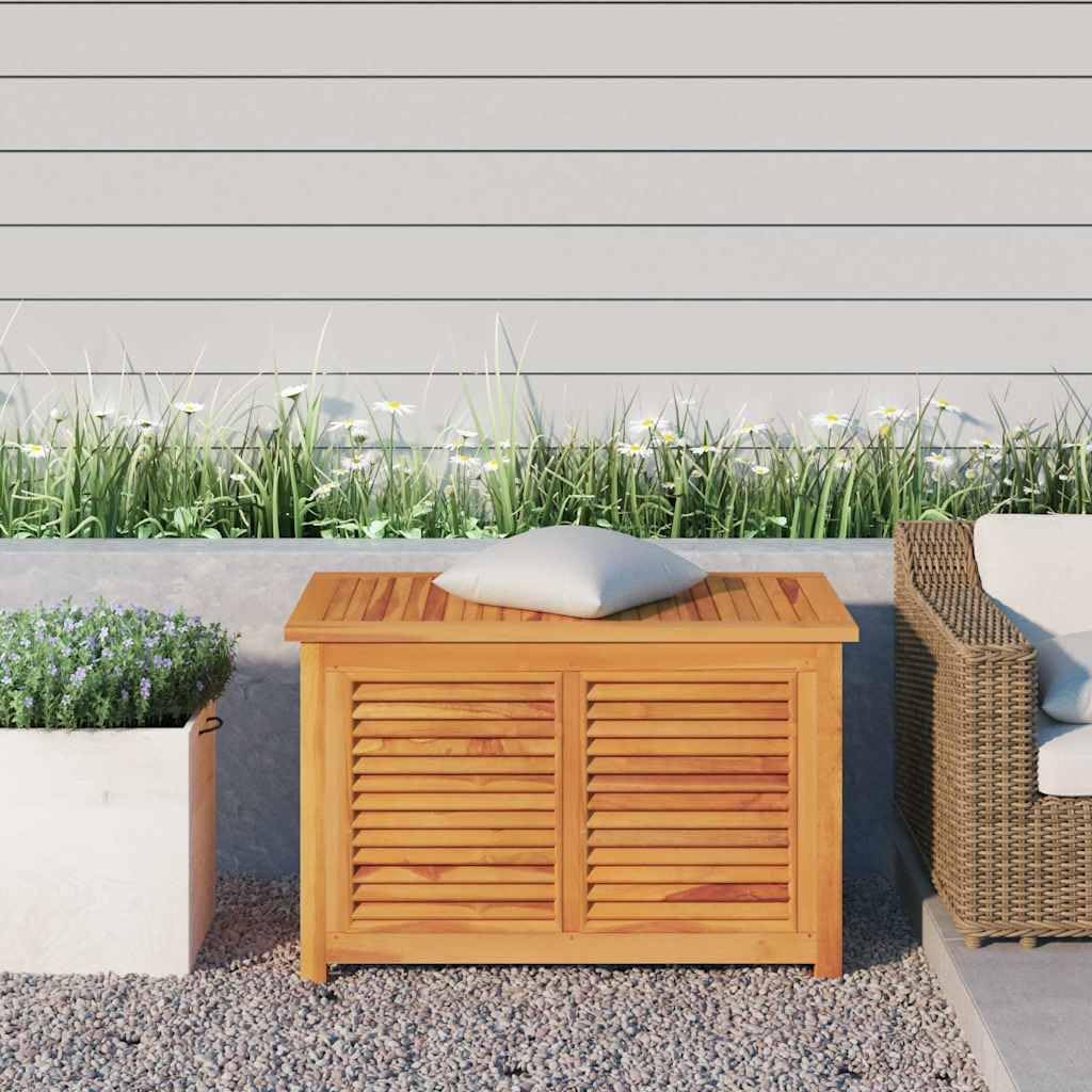 35.4x22.8 in Solid Teak Garden Storage Box with Louvered Doors, Outdoor Wood Deck Box for Patio Cushions & Tools, Weathered Finish, Rustic Brown Chest for Poolside or Porch