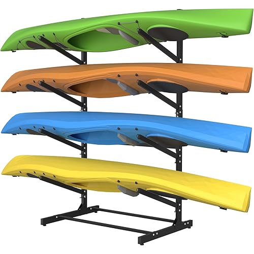 Adjustable Kayak Storage Rack, Freestanding Sup Storage Stand, Weatherproof Canoe Holder, Heavy Duty Paddleboard Bracket, Surfboard Bracket for Indoor, Outdoor, Garage, Shed, Dock (4 Levels)