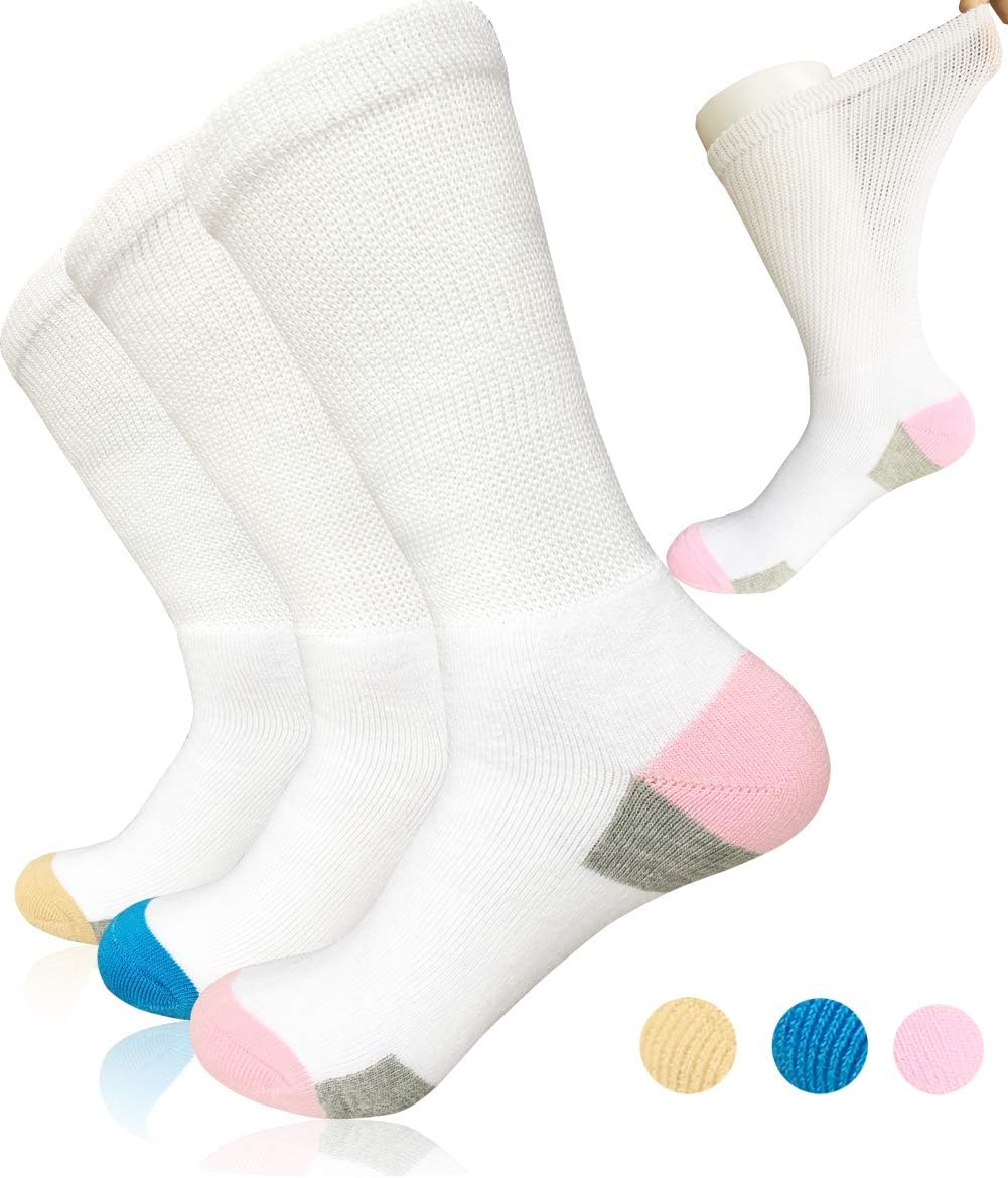 Womens Diabetic Socks Non-Binding Mid Calf Medical Circulation Full Cushion Sole Dress Crew Socks for Neuropathy Edema Over Weight (Pink/Khaki/Blue(3 Pairs)))