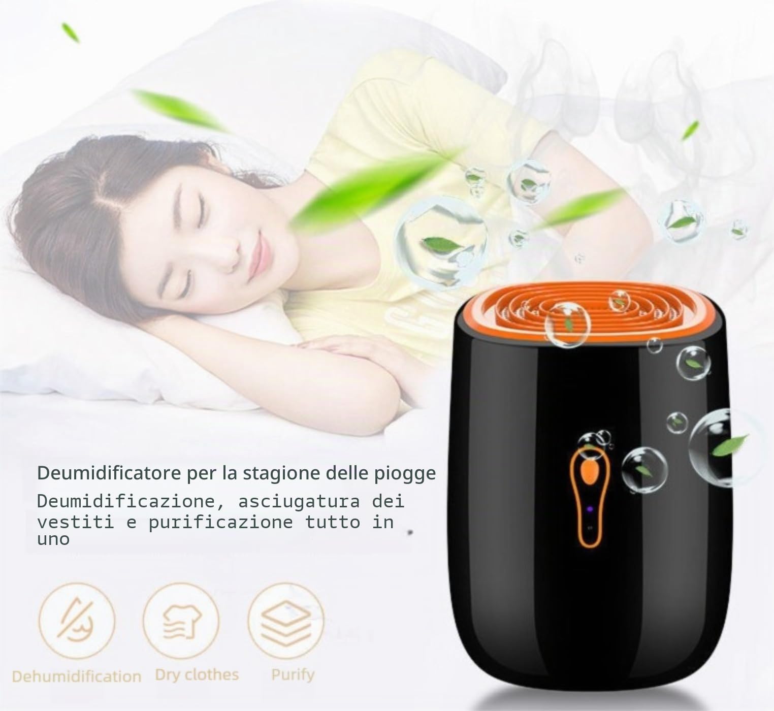 Deumidificatore portatile con tubo di scarico, nero e arancione, spegnimento automatico, sistema di purificazione 3 in 1 per stagione delle piogge, drenaggio continuo