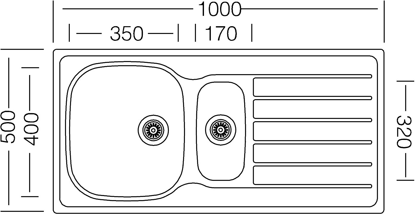 Technical drawing of the Respekta Dallas sink with detailed dimensions in millimeters.
