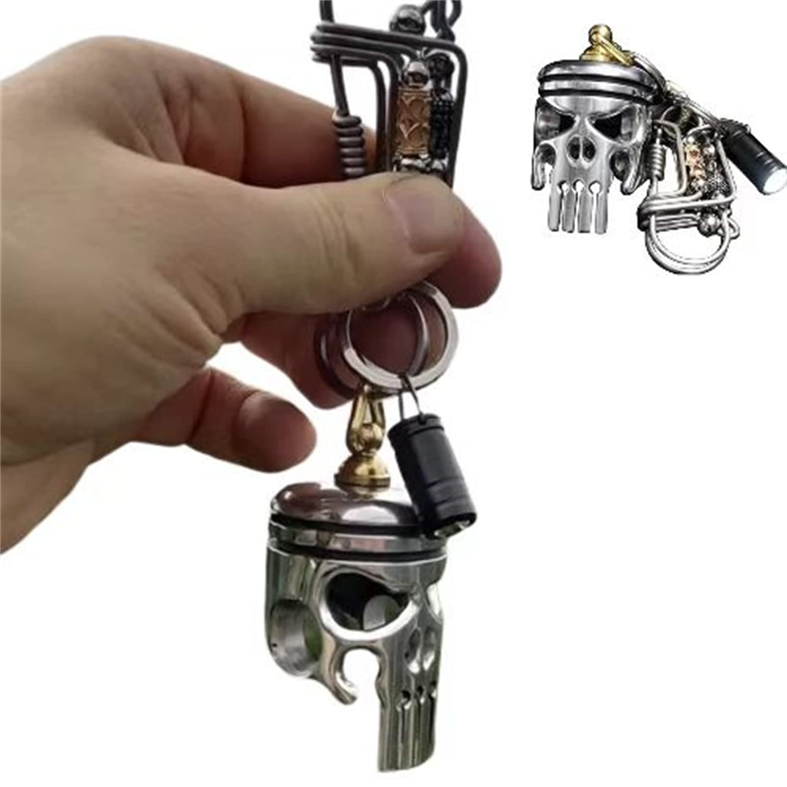 RIDENEEY Piston Art Skull Keychain,3 in 1 Piston Keychain Set,Pendant,Bottle Opener,Alloy Keychain Suitable for Car and Motorcycle Key Ring Decoration, Black, Full