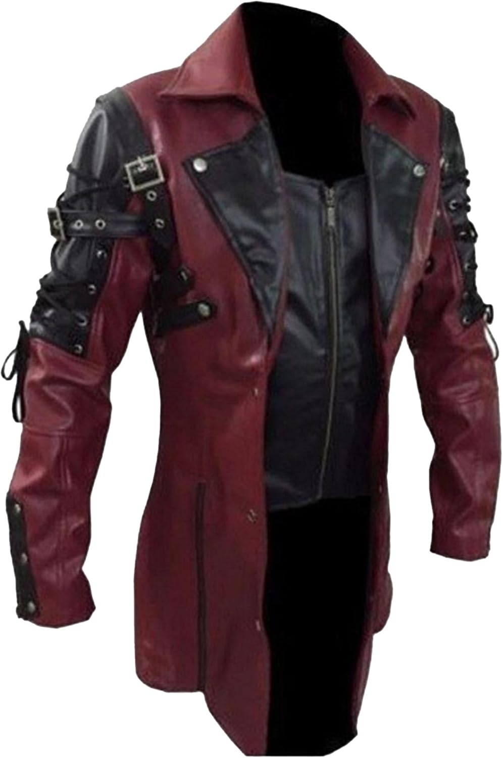 Mens Leather Long Trench Coat Mid-Length Vintage Faux Leather Jacket Fashion Motorcycle Jackets Overcoat
