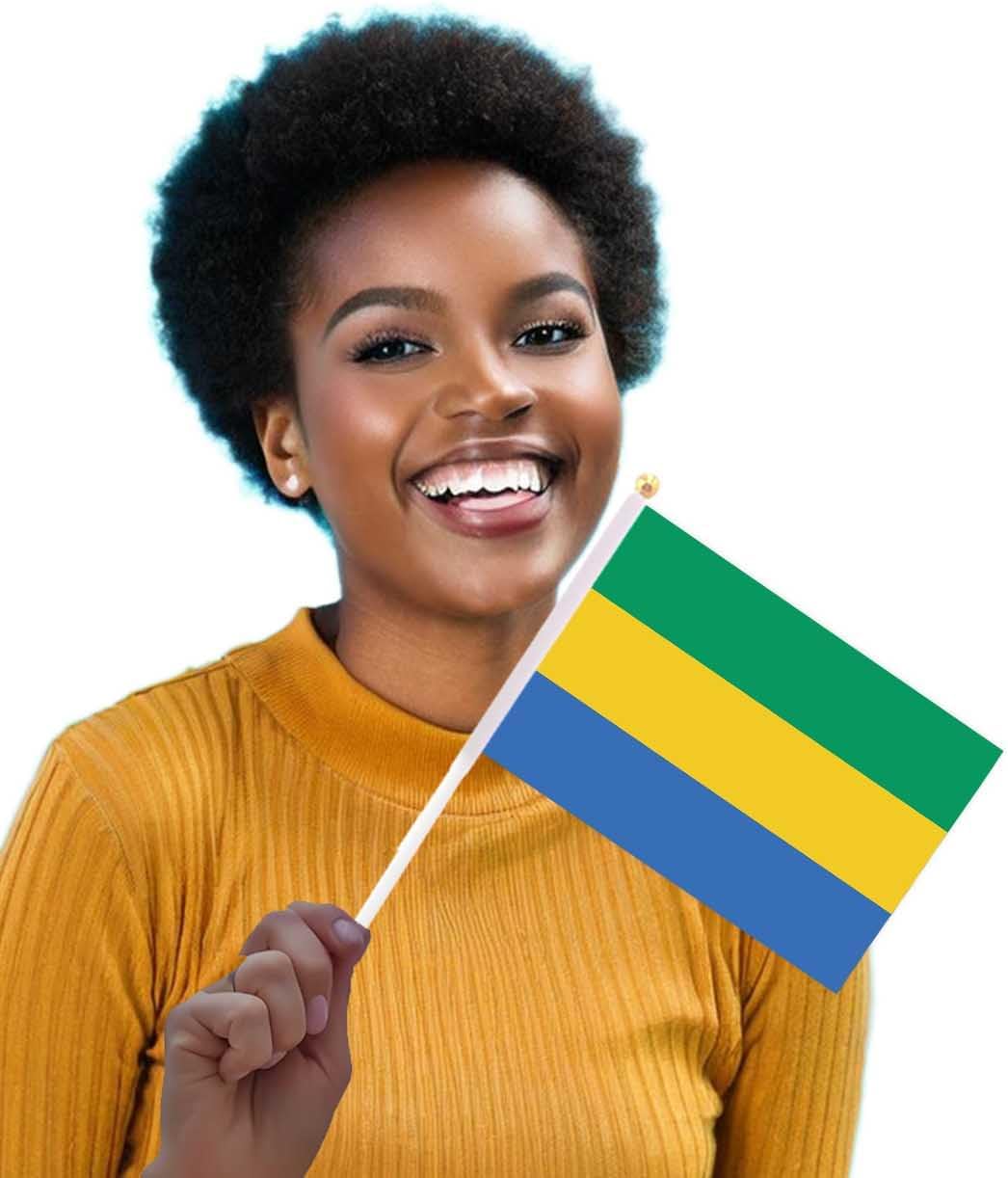 25 Packs Small Gabon Flags on Handheld Stick，Miniature Gabonese Flag for Outside,4x6 Inch Mini Hand Held Banner with Golden Topper,Patriotic Decorations image 3
