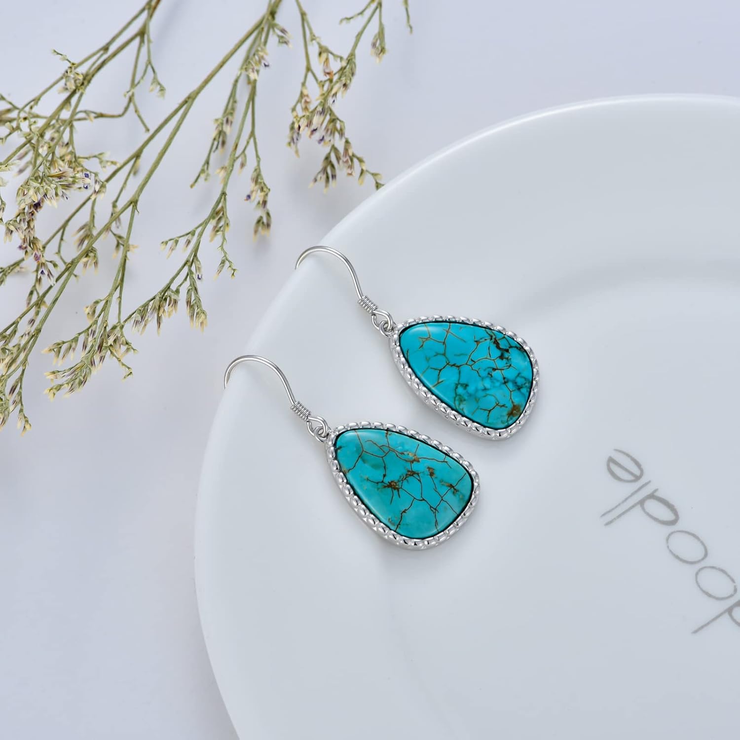 Natural Turquoise Earrings 925 Sterling Silver Geometric Shape Turquoise Earrings for Women Statement Fashion Dangle Earring for Birthday Mothers Day - Image 3